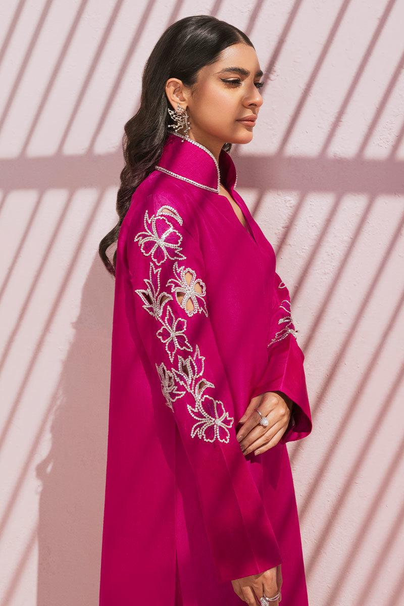 Pakistani Hot Pink Swarovski Embellished Raw Silk Shirt & Pant (2-Piece) - Image 2