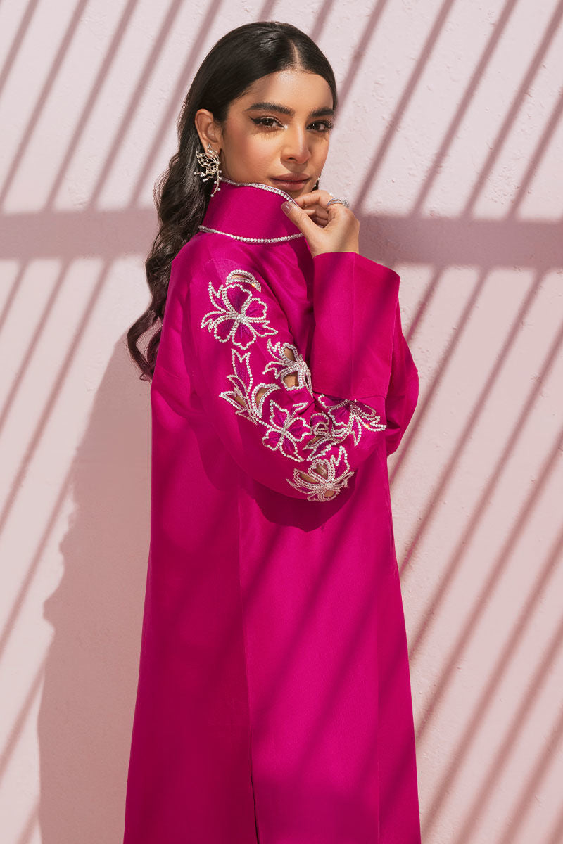 Pakistani Hot Pink Swarovski Embellished Raw Silk Shirt & Pant (2-Piece) - Image 3