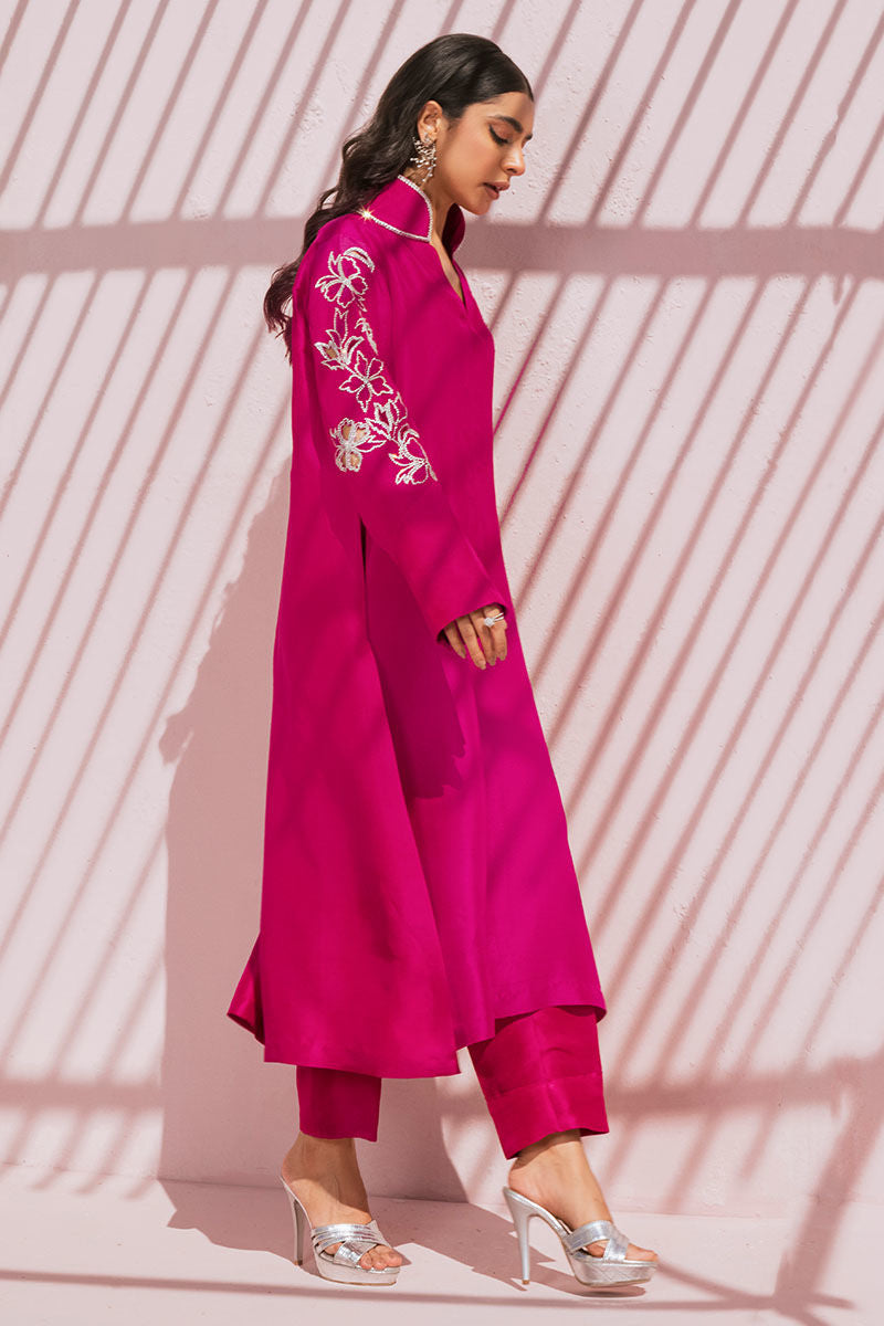 Pakistani Hot Pink Swarovski Embellished Raw Silk Shirt & Pant (2-Piece) - Image 4