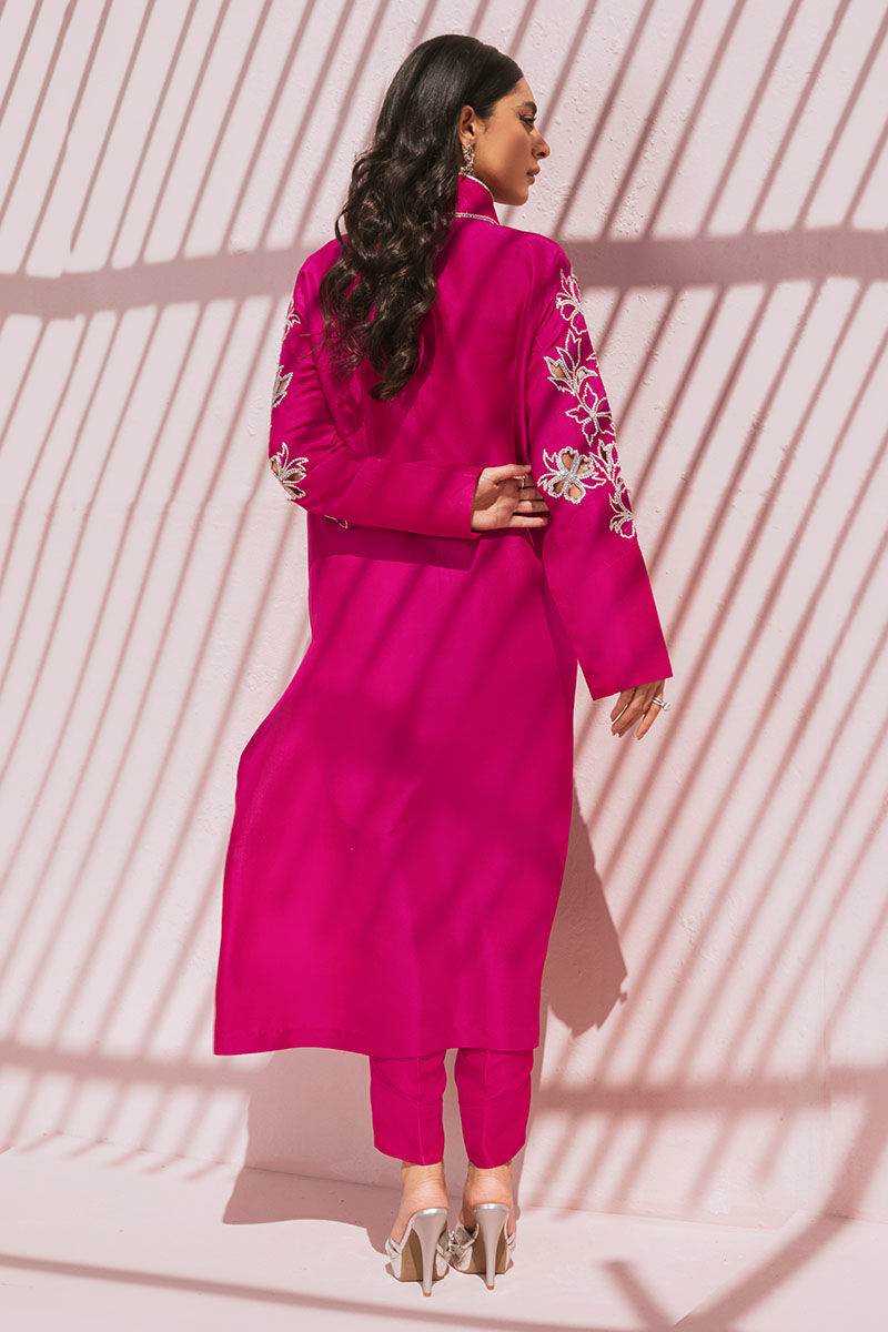 Pakistani Hot Pink Swarovski Embellished Raw Silk Shirt & Pant (2-Piece) - Image 5