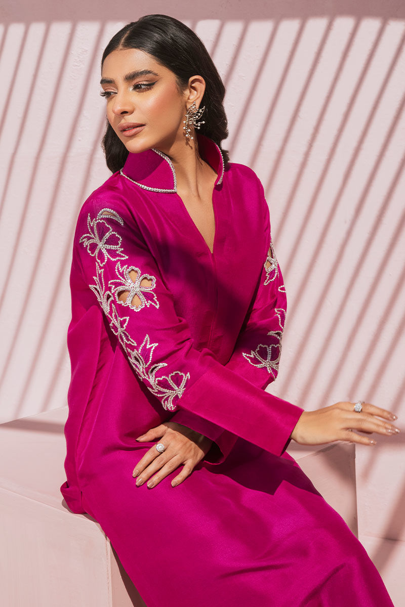 Pakistani Hot Pink Swarovski Embellished Raw Silk Shirt & Pant (2-Piece) - Image 7