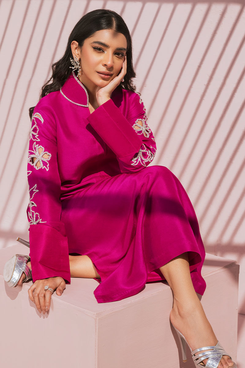 Pakistani Hot Pink Swarovski Embellished Raw Silk Shirt & Pant (2-Piece) - Image 8