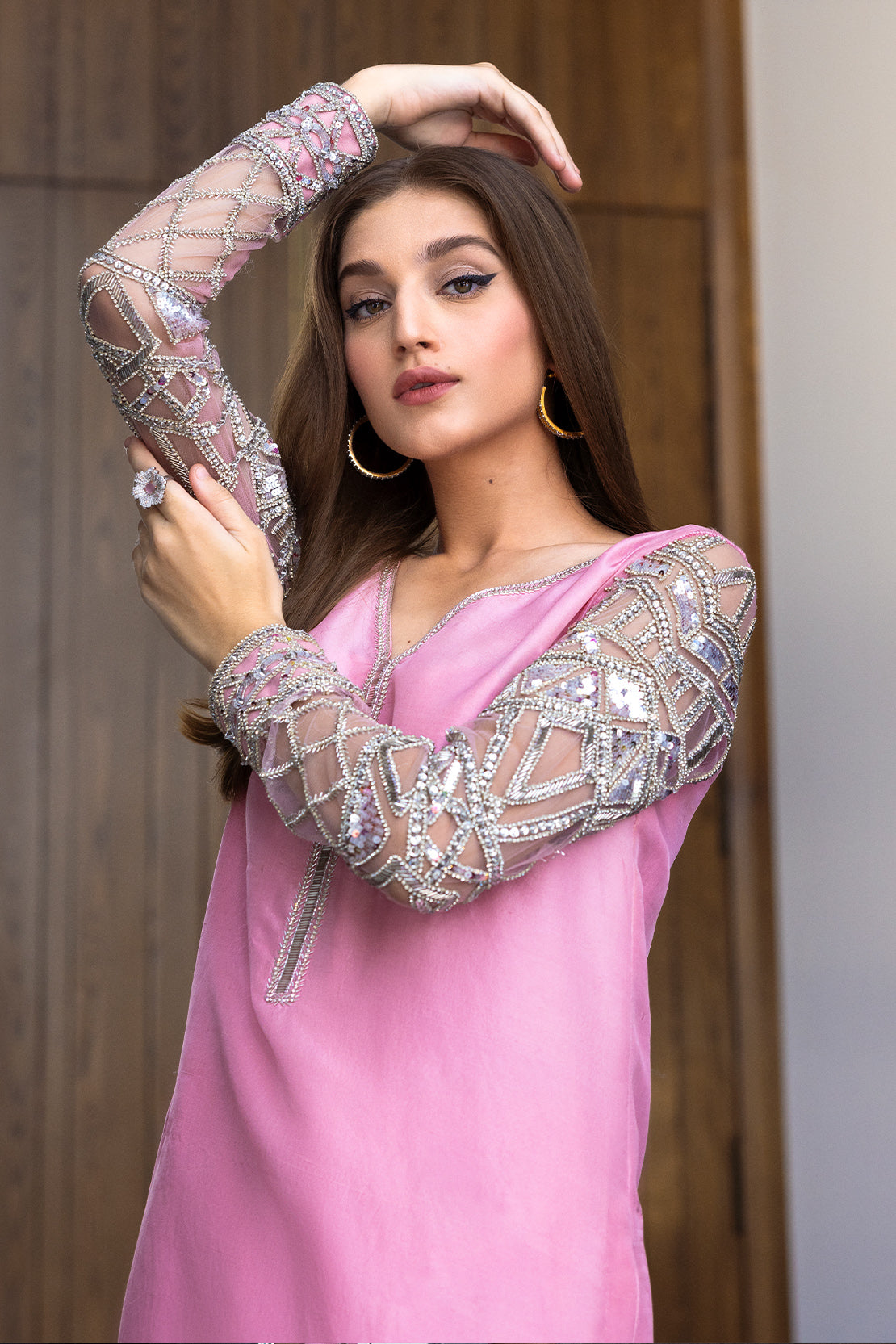 Pakistani Pink Swarovski Embellished Raw Silk Salwar Kameez (3-Piece) - Image 3