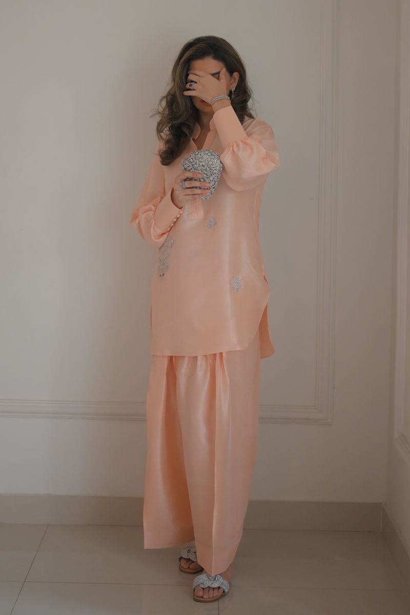 Peach Swarovski Embellished Raw Silk Salwar Kameez (2-Piece) - Image 1