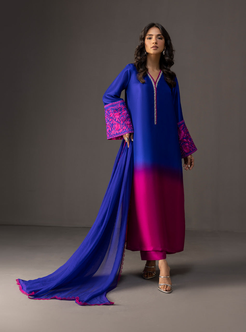 Pakistani Fuchsia and Sapphire Embroidered Silk Salwar Kameez (3-Piece) - Image 1