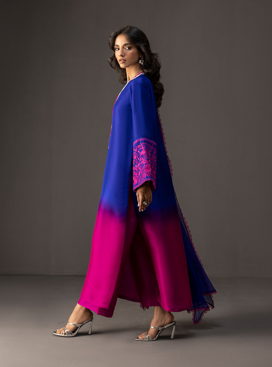 Pakistani Fuchsia and Sapphire Embroidered Silk Salwar Kameez (3-Piece) - Image 4