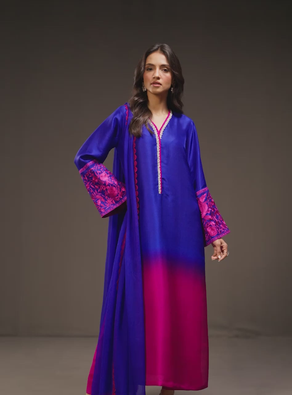 Pakistani Fuchsia and Sapphire Embroidered Silk Salwar Kameez (3-Piece) - Image 7