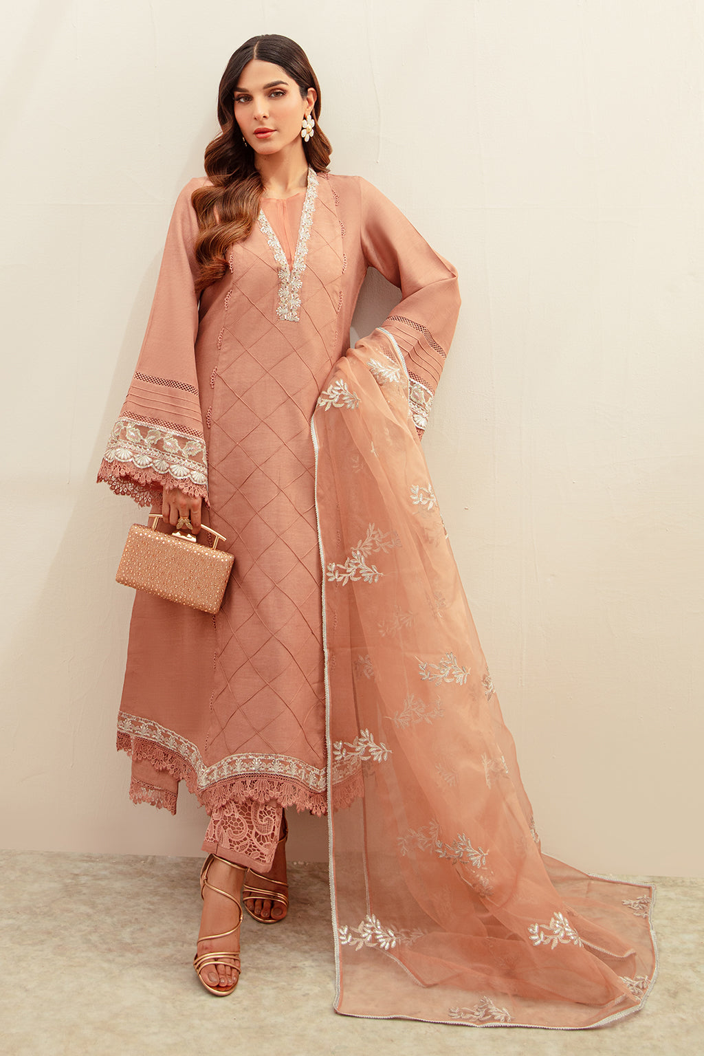 Tea Pink Embroidered Raw Silk Salwar Kameez (3-Piece) - Image 1