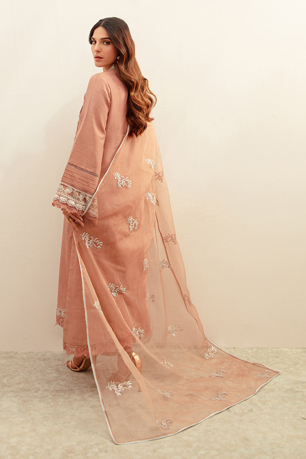 Tea Pink Embroidered Raw Silk Salwar Kameez (3-Piece) - Image 2