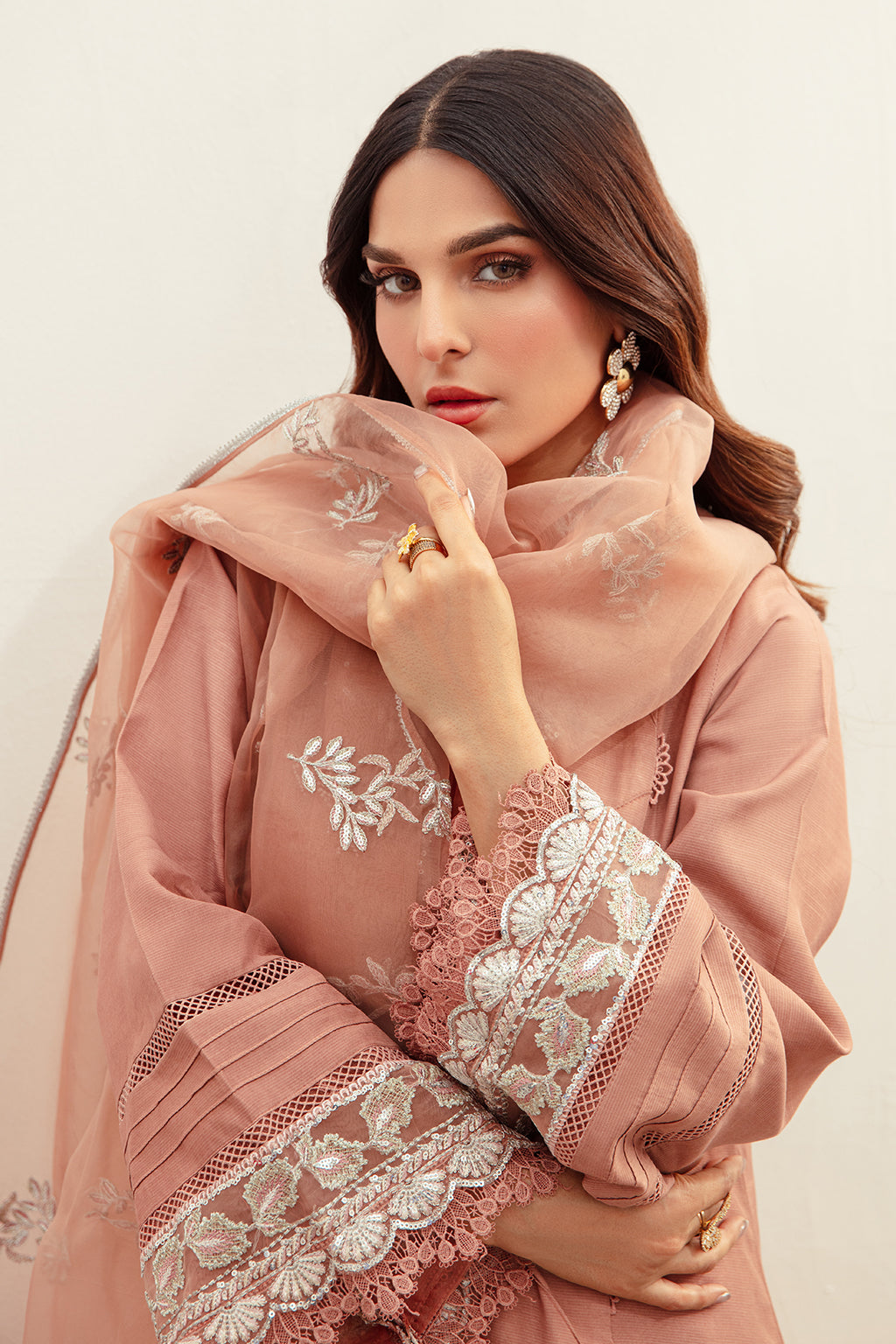 Tea Pink Embroidered Raw Silk Salwar Kameez (3-Piece) - Image 3