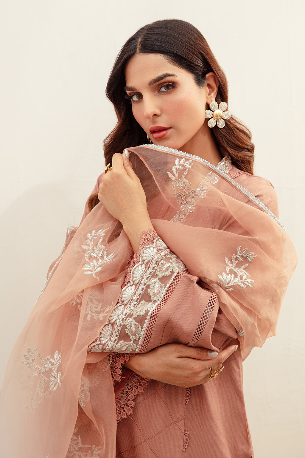 Tea Pink Embroidered Raw Silk Salwar Kameez (3-Piece) - Image 5