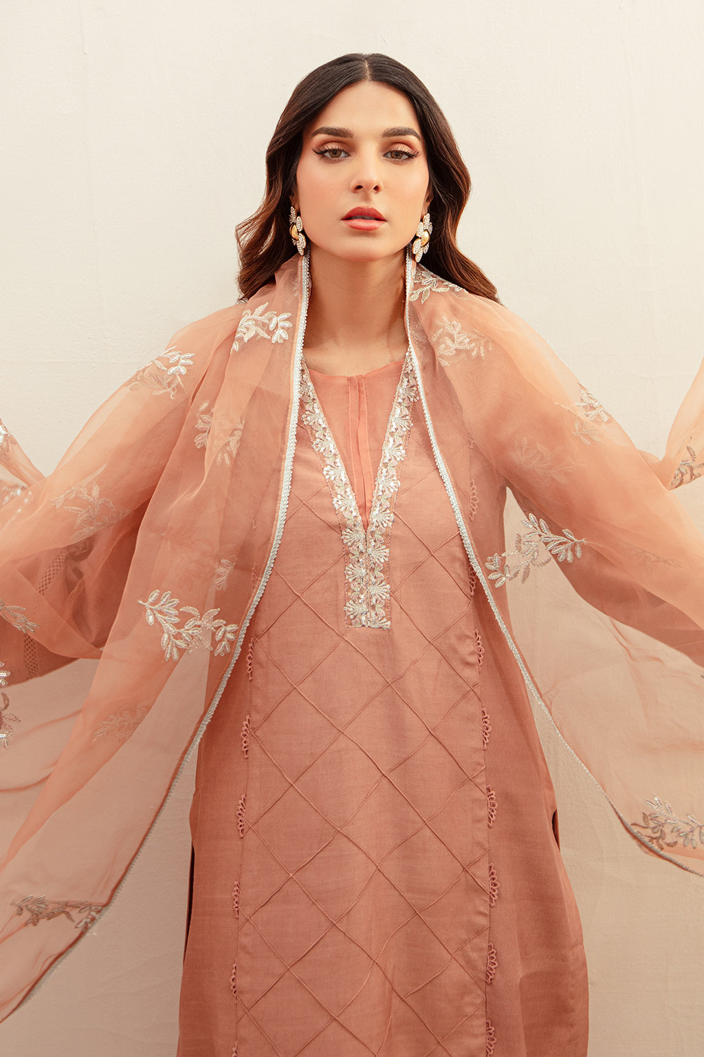 Tea Pink Embroidered Raw Silk Salwar Kameez (3-Piece) - Image 7