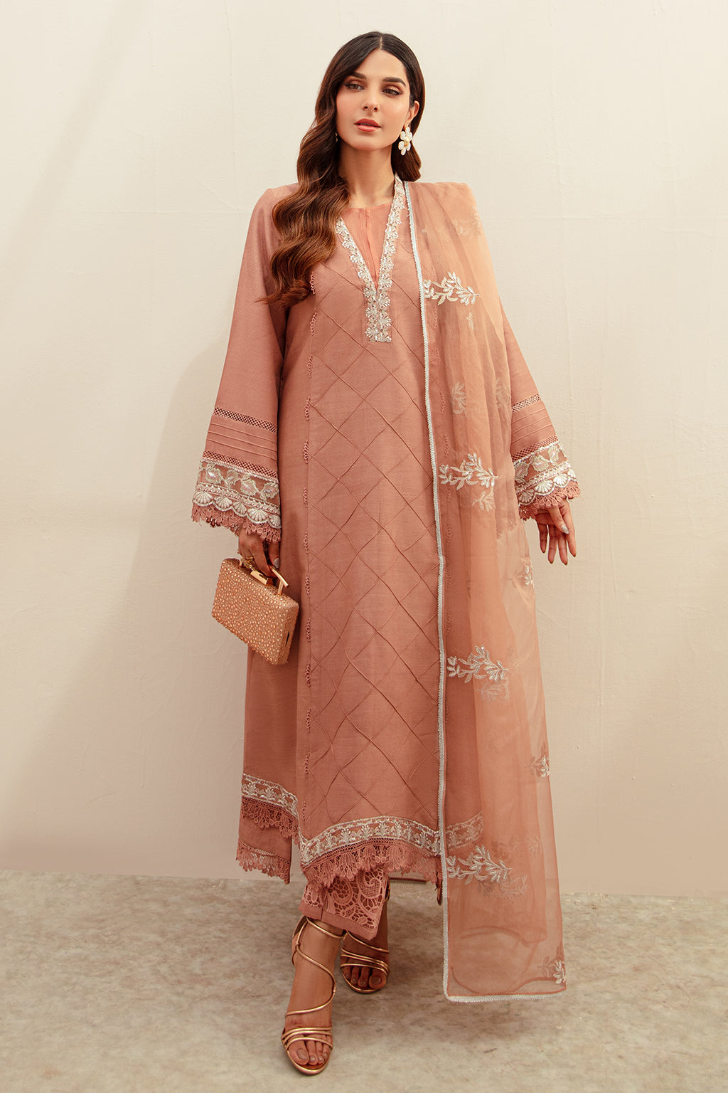 Tea Pink Embroidered Raw Silk Salwar Kameez (3-Piece) - Image 9