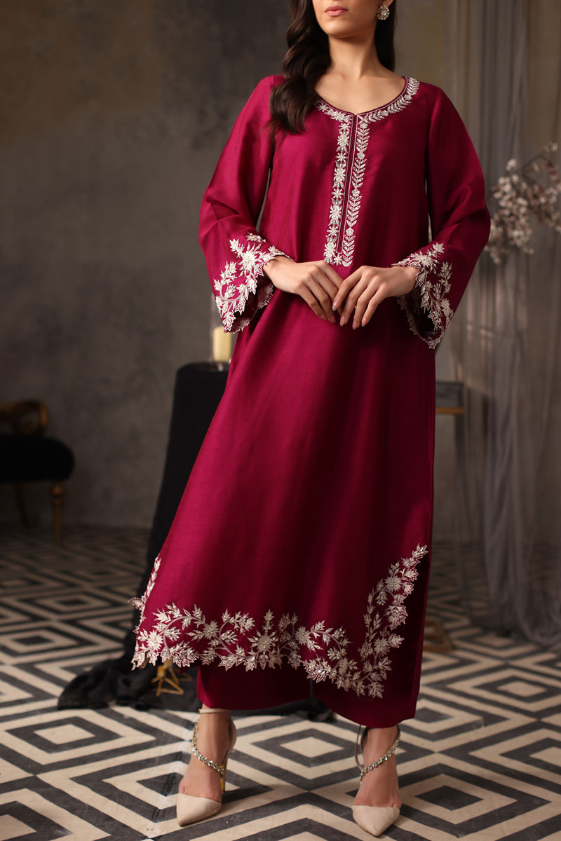 Magenta Embroidered Korean Raw Silk Salwar Kameez (3-Piece) - Image 1
