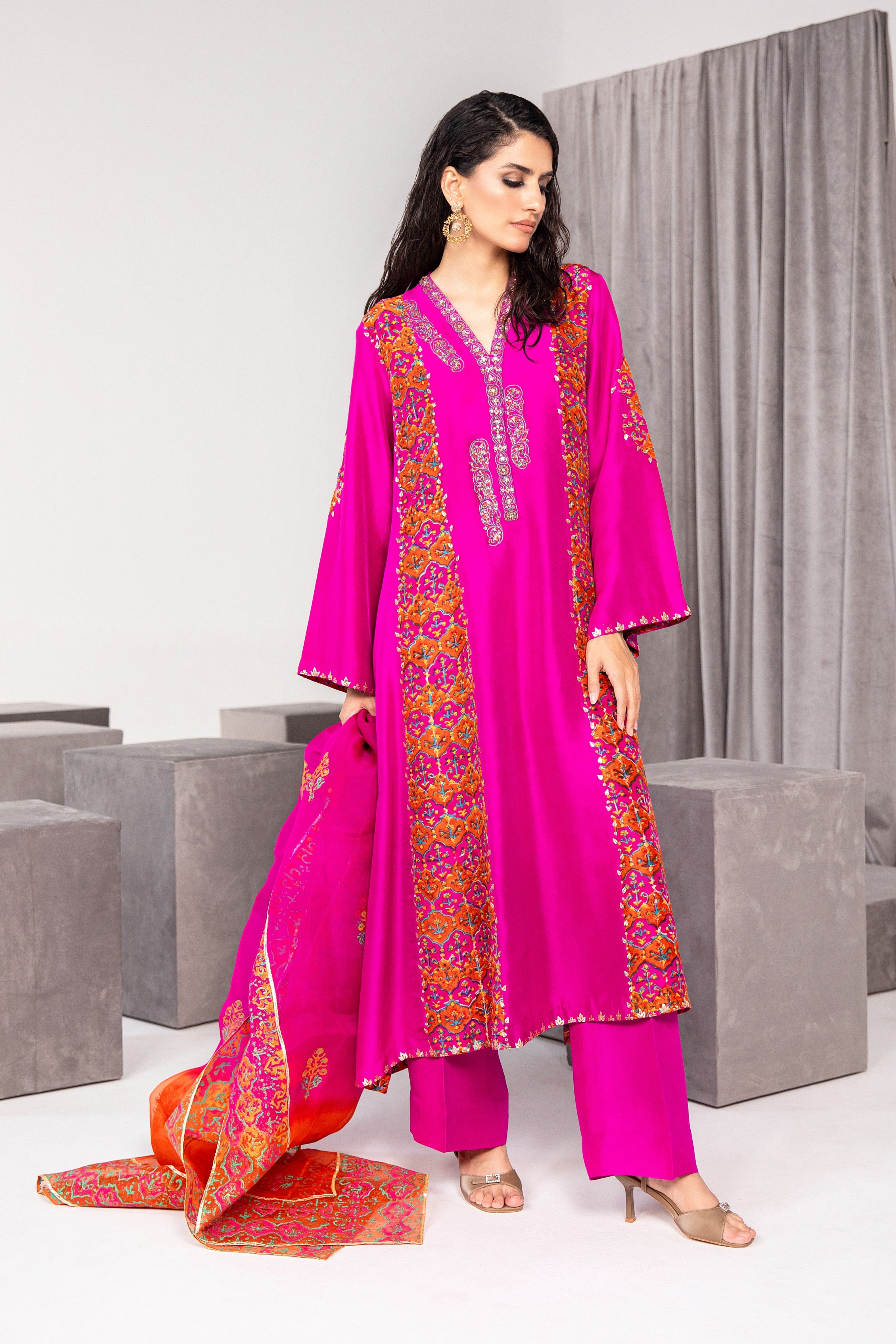 Wild Aster Embroidered Raw Silk Salwar Kameez (3-Piece) - Image 1