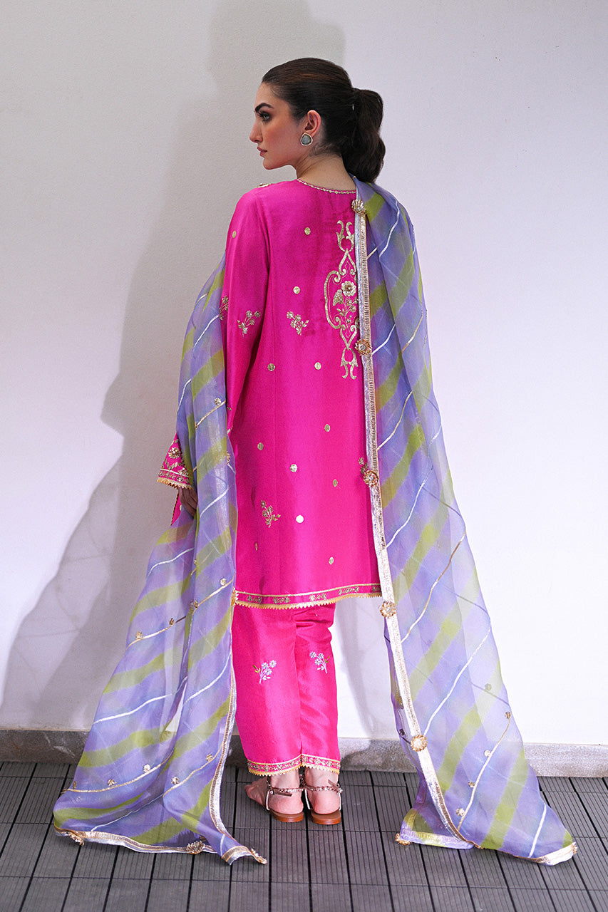 Pakistani Hot Pink Embroidered Raw Silk Kalidar Kurta Set (3-Piece) - Image 2