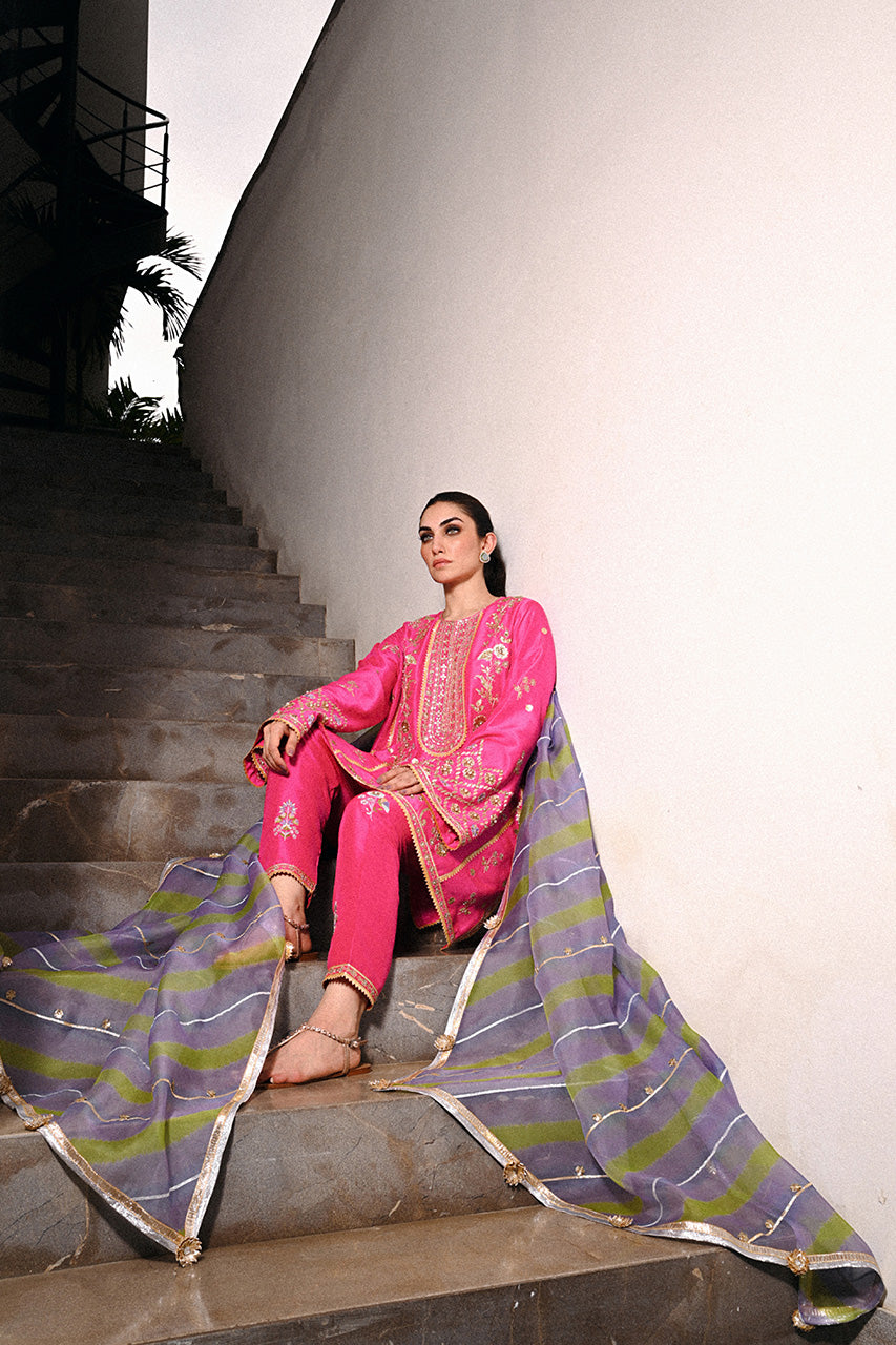 Pakistani Hot Pink Embroidered Raw Silk Kalidar Kurta Set (3-Piece) - Image 4