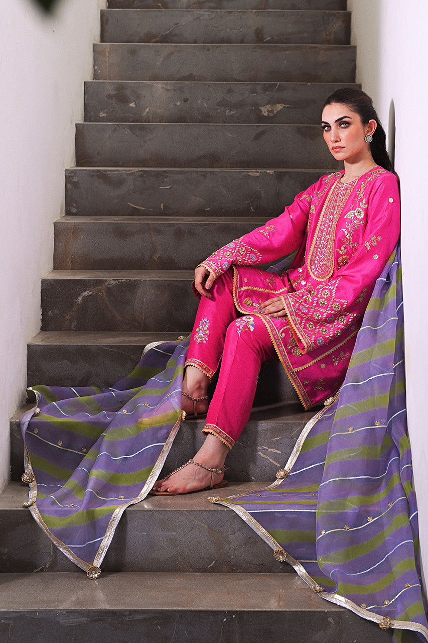 Pakistani Hot Pink Embroidered Raw Silk Kalidar Kurta Set (3-Piece) - Image 5