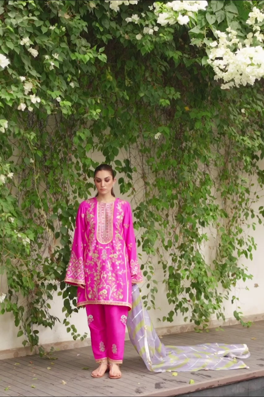 Pakistani Hot Pink Embroidered Raw Silk Kalidar Kurta Set (3-Piece) - Image 7