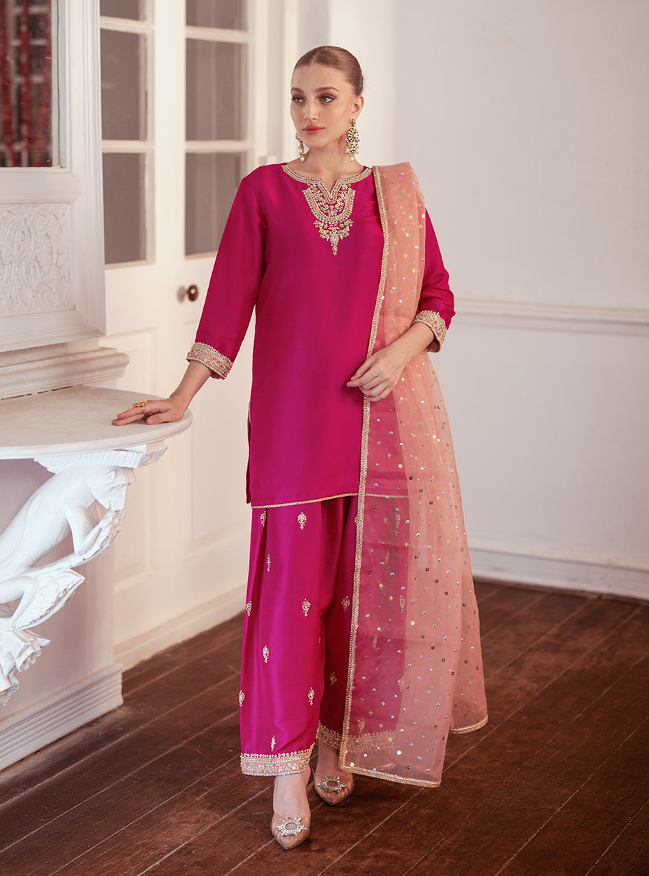 Hot Pink Embroidered Raw Silk Kurta Set (3-Piece) - Image 2