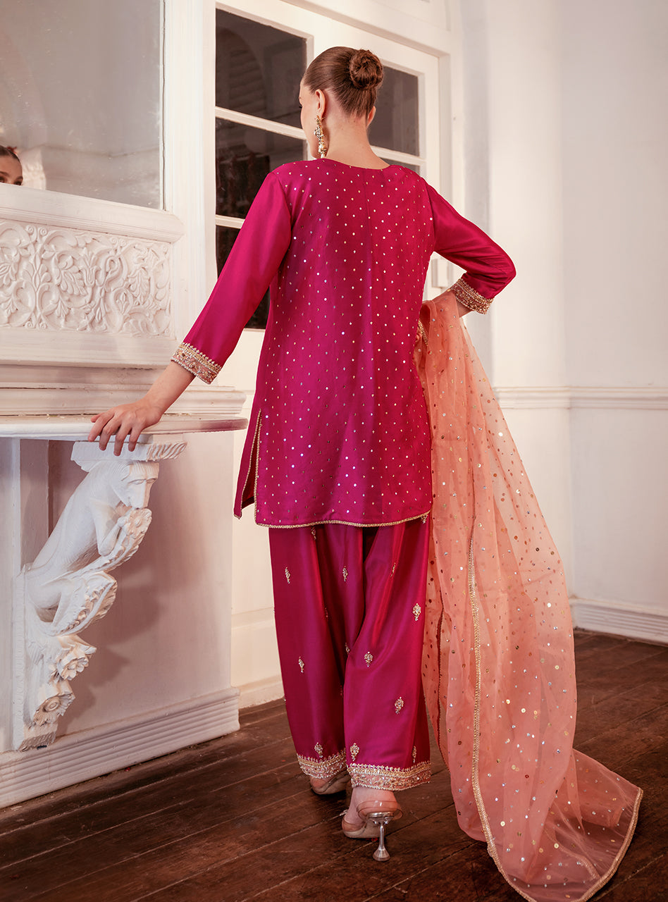 Hot Pink Embroidered Raw Silk Kurta Set (3-Piece) - Image 4
