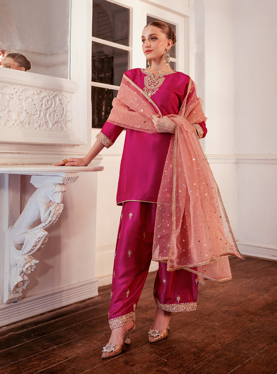 Hot Pink Embroidered Raw Silk Kurta Set (3-Piece) - Image 7