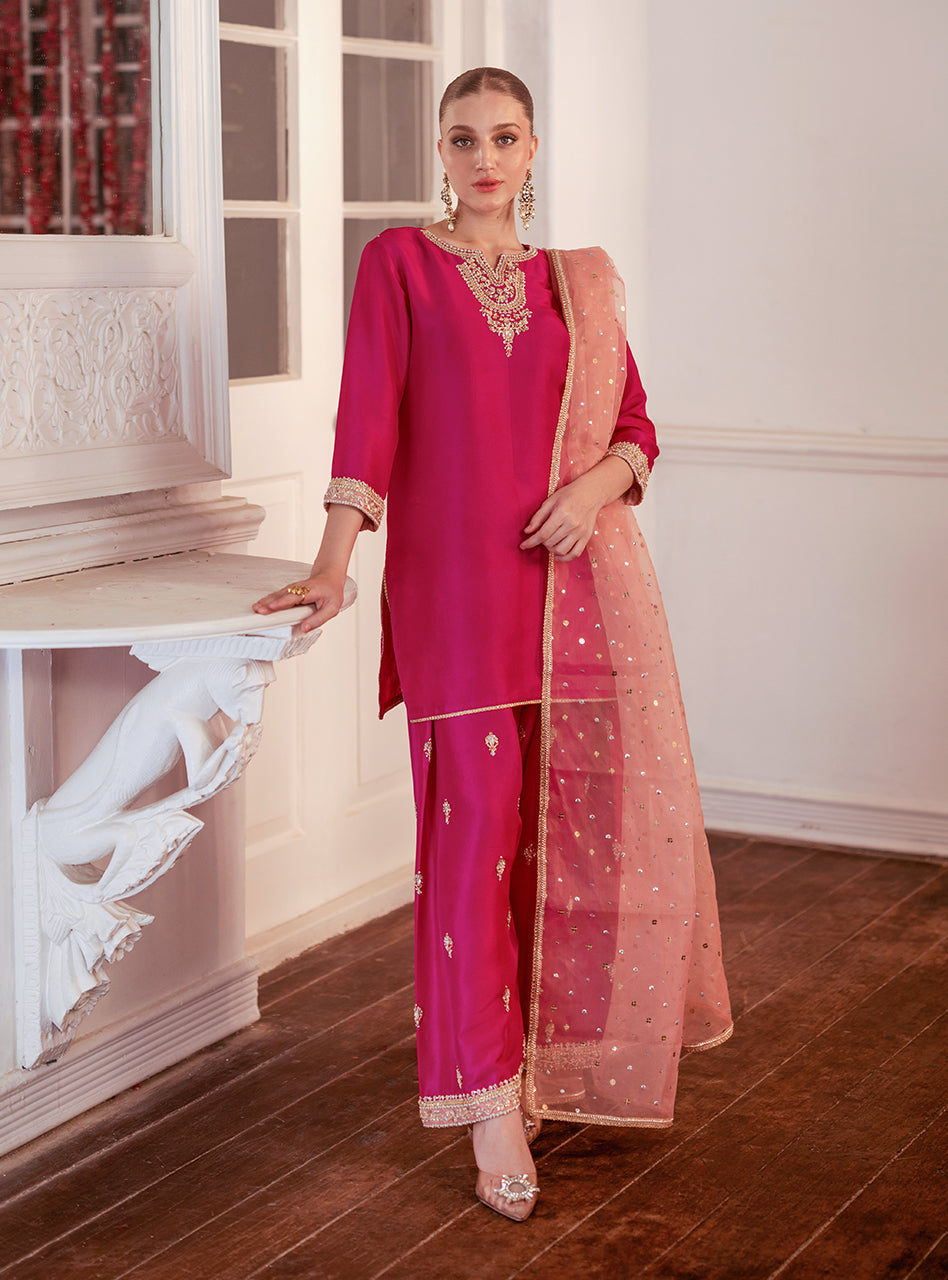 Pakistani Hot Pink Embroidered Raw Silk Salwar Kameez (3-Piece) - Image 1