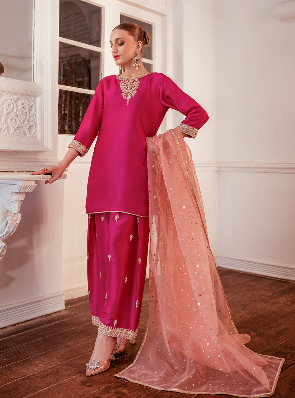 Pakistani Hot Pink Embroidered Raw Silk Salwar Kameez (3-Piece) - Image 4