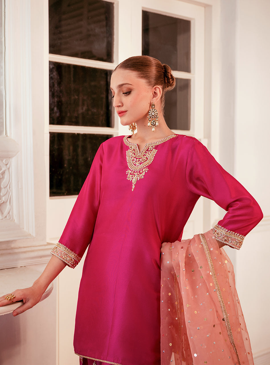 Pakistani Hot Pink Embroidered Raw Silk Salwar Kameez (3-Piece) - Image 5