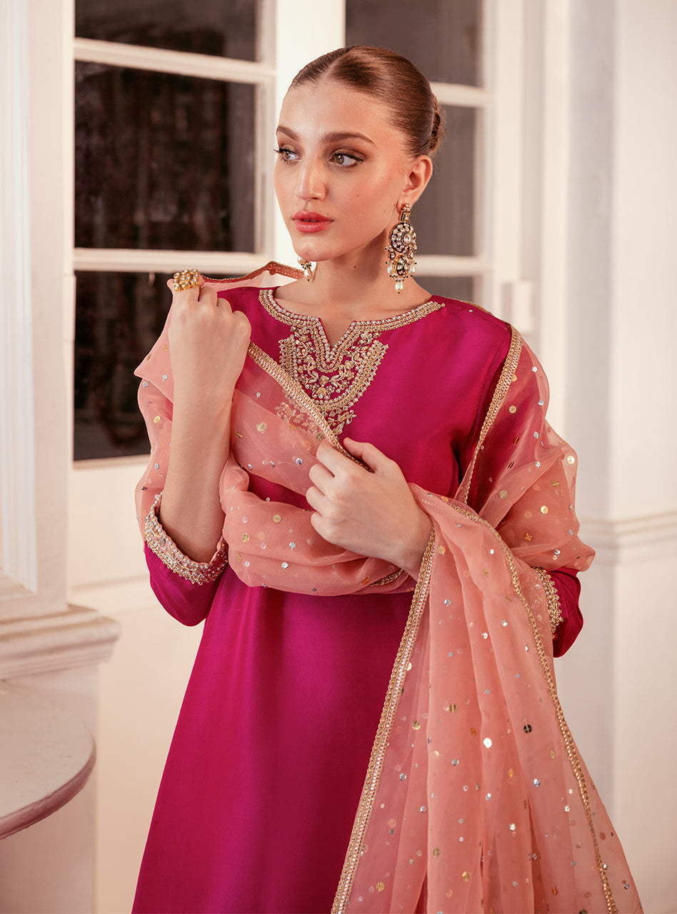 Pakistani Hot Pink Embroidered Raw Silk Salwar Kameez (3-Piece) - Image 7