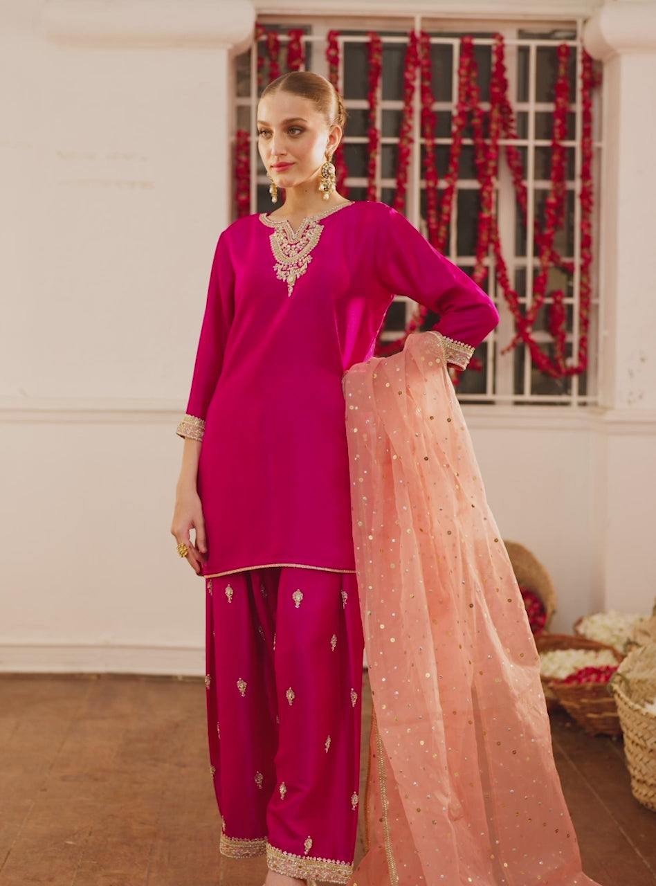 Pakistani Hot Pink Embroidered Raw Silk Salwar Kameez (3-Piece) - Image 8