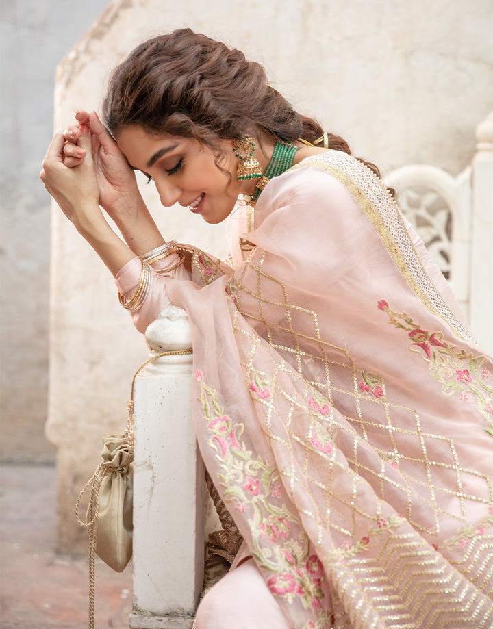 Rosy Pink Embroidered Korean Raw Silk Salwar Kameez (3-Piece) - Image 1