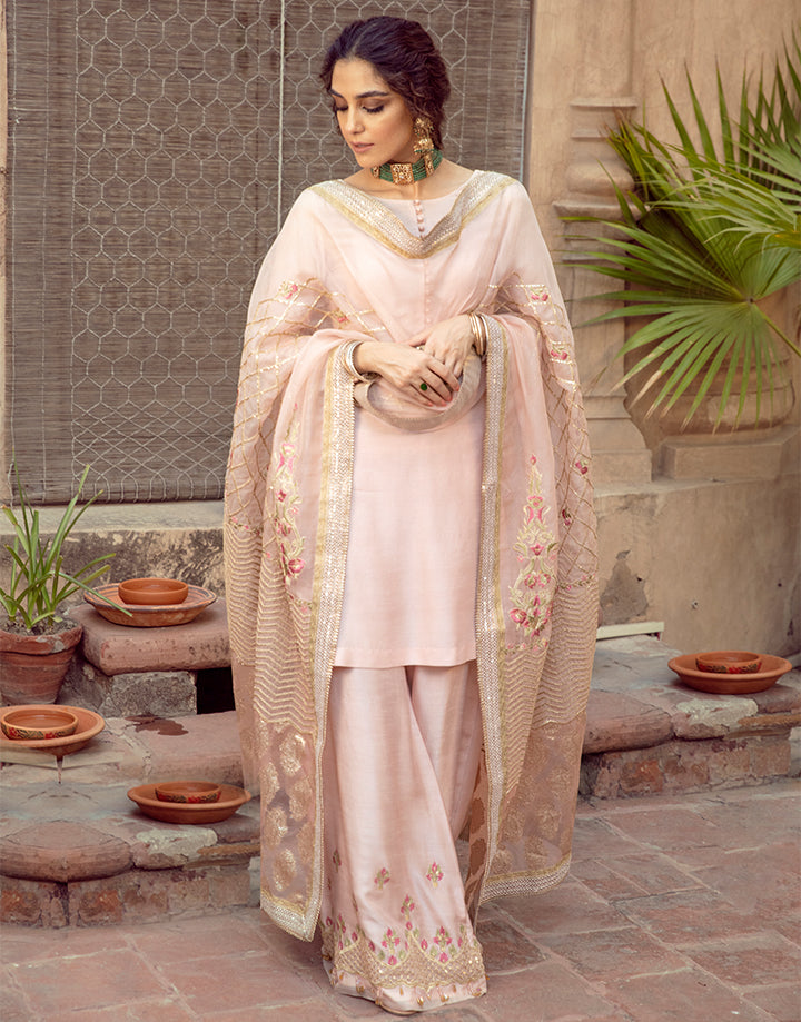 Rosy Pink Embroidered Korean Raw Silk Salwar Kameez (3-Piece) - Image 2