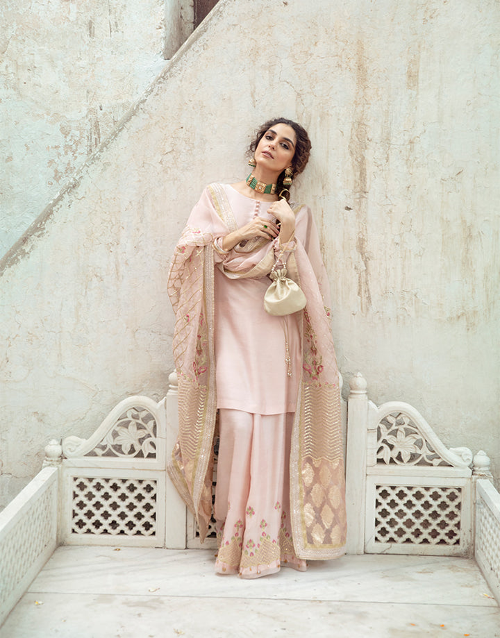 Rosy Pink Embroidered Korean Raw Silk Salwar Kameez (3-Piece) - Image 6