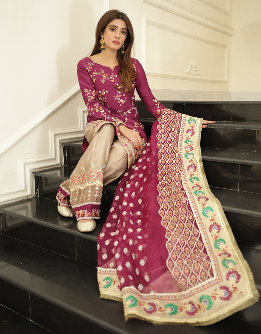 Pakistani Magenta Embroidered Raw Silk Salwar Kameez (3-Piece) - Image 1