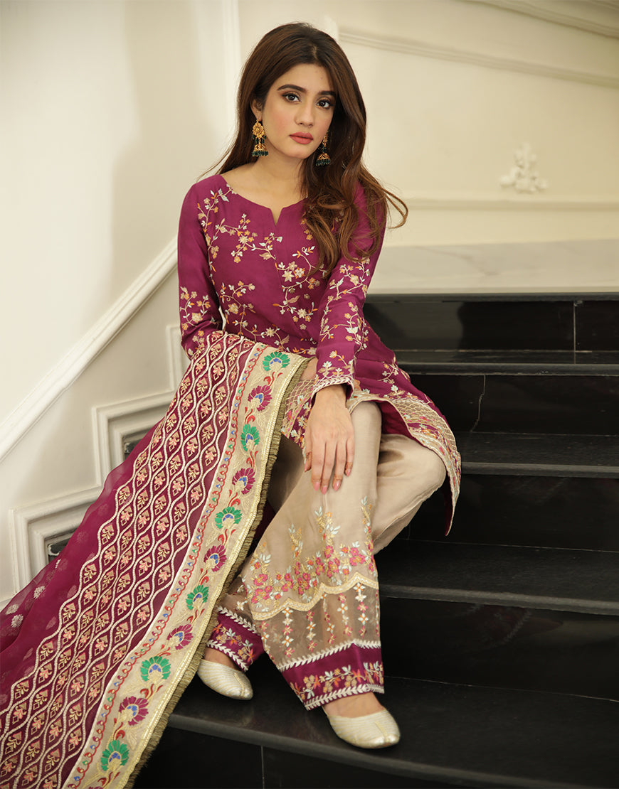Pakistani Magenta Embroidered Raw Silk Salwar Kameez (3-Piece) - Image 4
