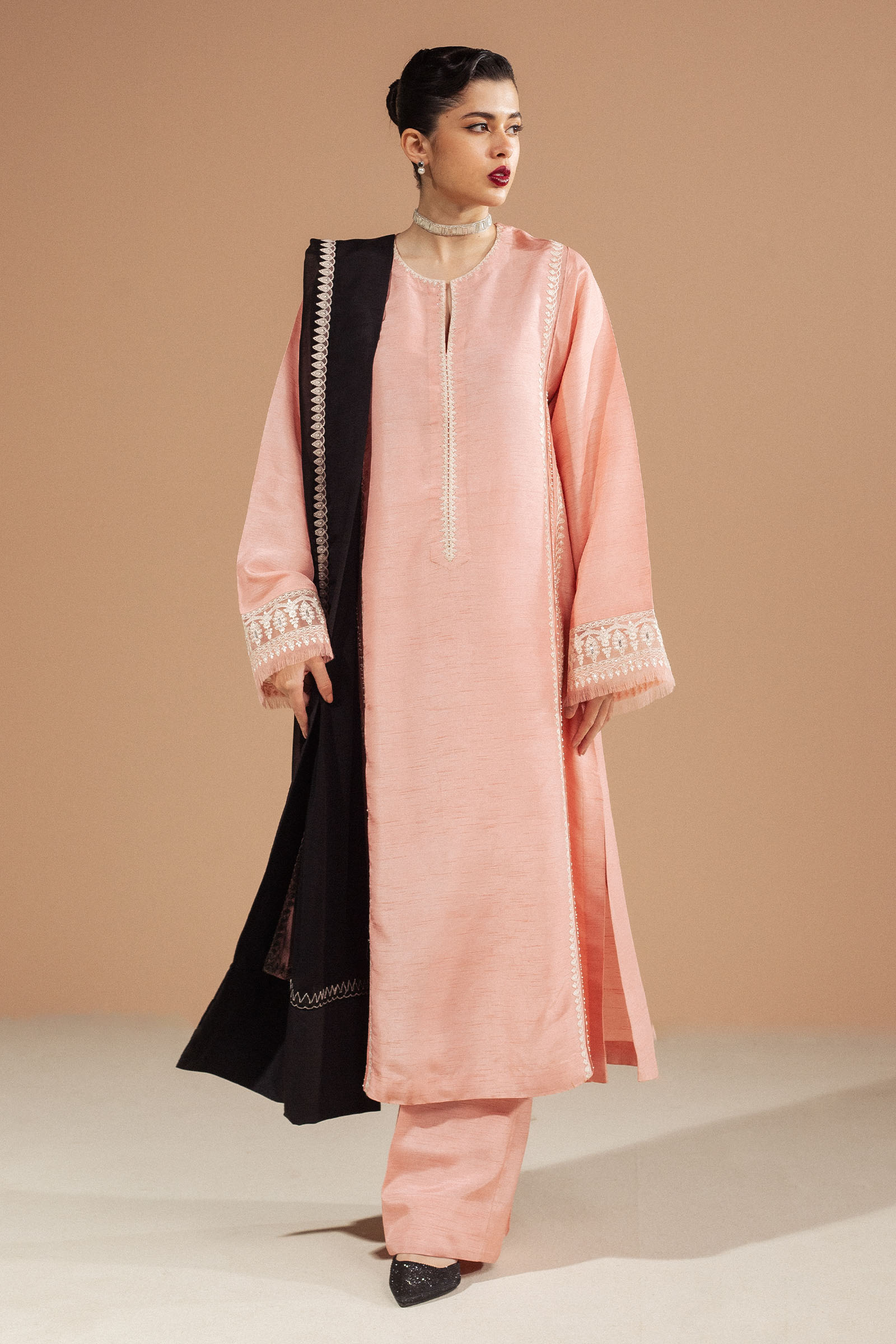 Chai Pink Embroidered Raw Silk Salwar Kameez (3-Piece) - Image 2