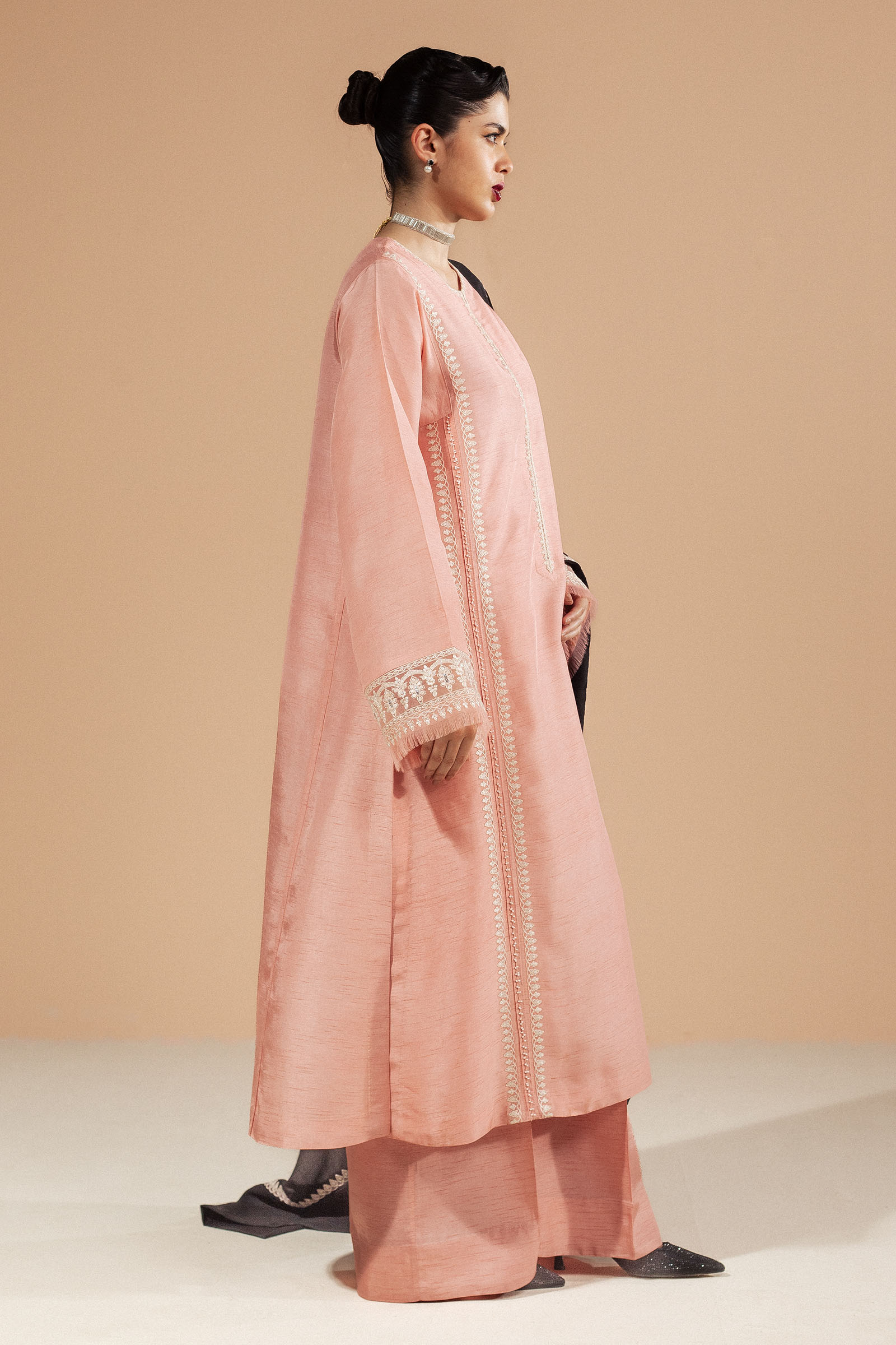 Chai Pink Embroidered Raw Silk Salwar Kameez (3-Piece) - Image 4