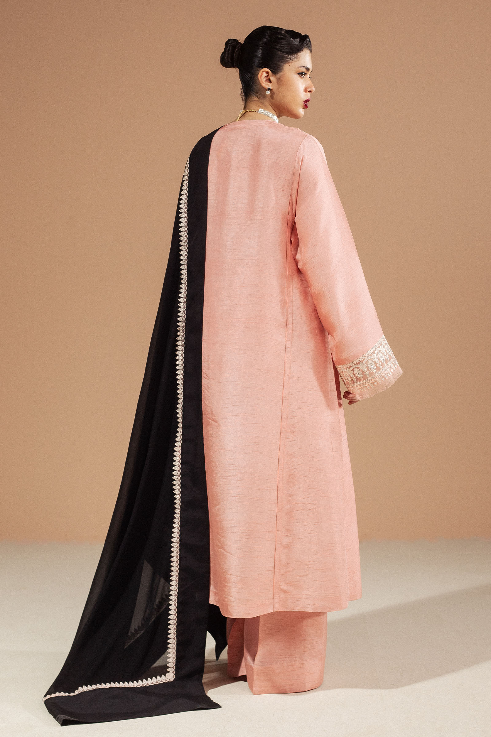 Chai Pink Embroidered Raw Silk Salwar Kameez (3-Piece) - Image 5