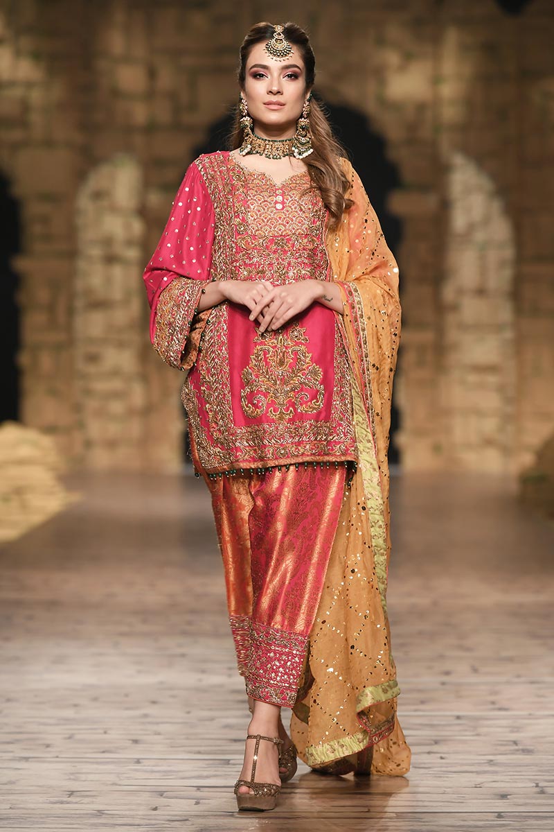 Pakistani Pink Embroidered Raw Silk Salwar Kameez (3-Piece) - Image 1