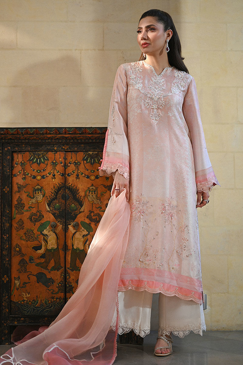 Pakistani Pink Embroidered Raw Silk Salwar Kameez (3-Piece) - Image 1