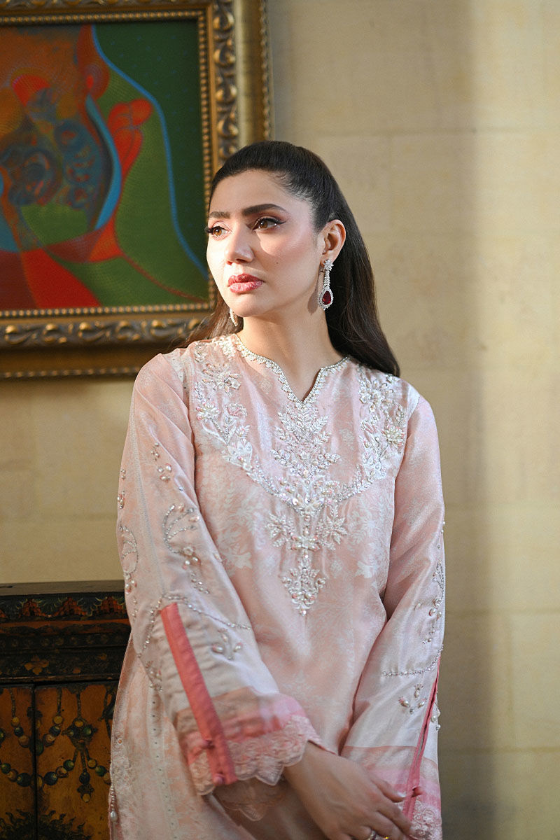 Pakistani Pink Embroidered Raw Silk Salwar Kameez (3-Piece) - Image 2