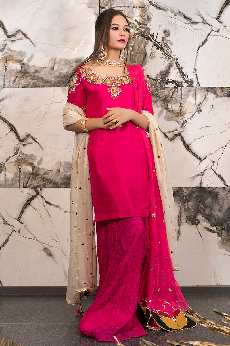 Hot Pink Embroidered Raw Silk Salwar Kameez (3-Piece) - Image 1