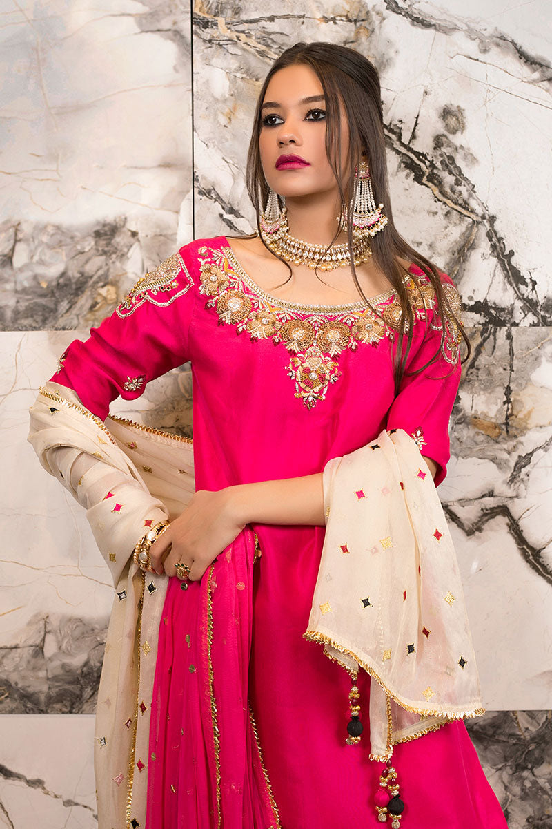 Hot Pink Embroidered Raw Silk Salwar Kameez (3-Piece) - Image 3