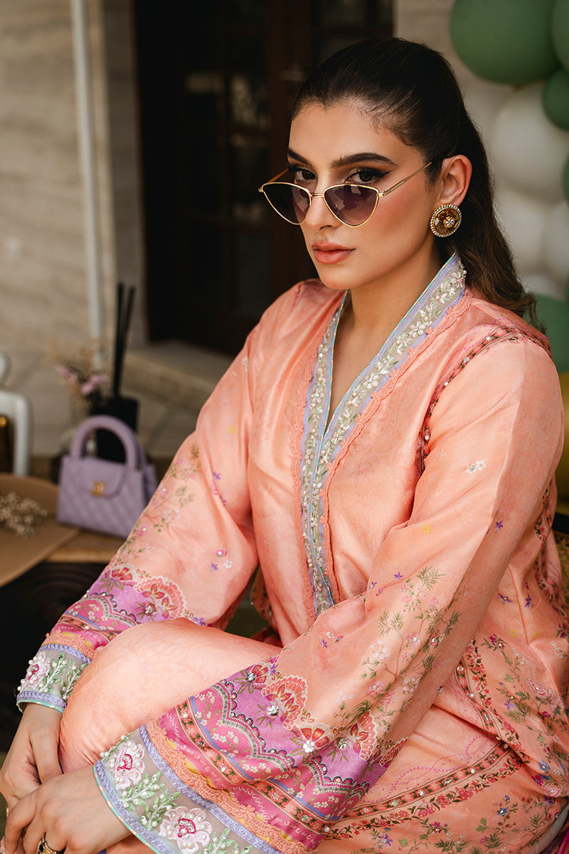 Pakistani Peachy Pink Embroidered Raw Silk Salwar Kameez (3-Piece) - Image 5