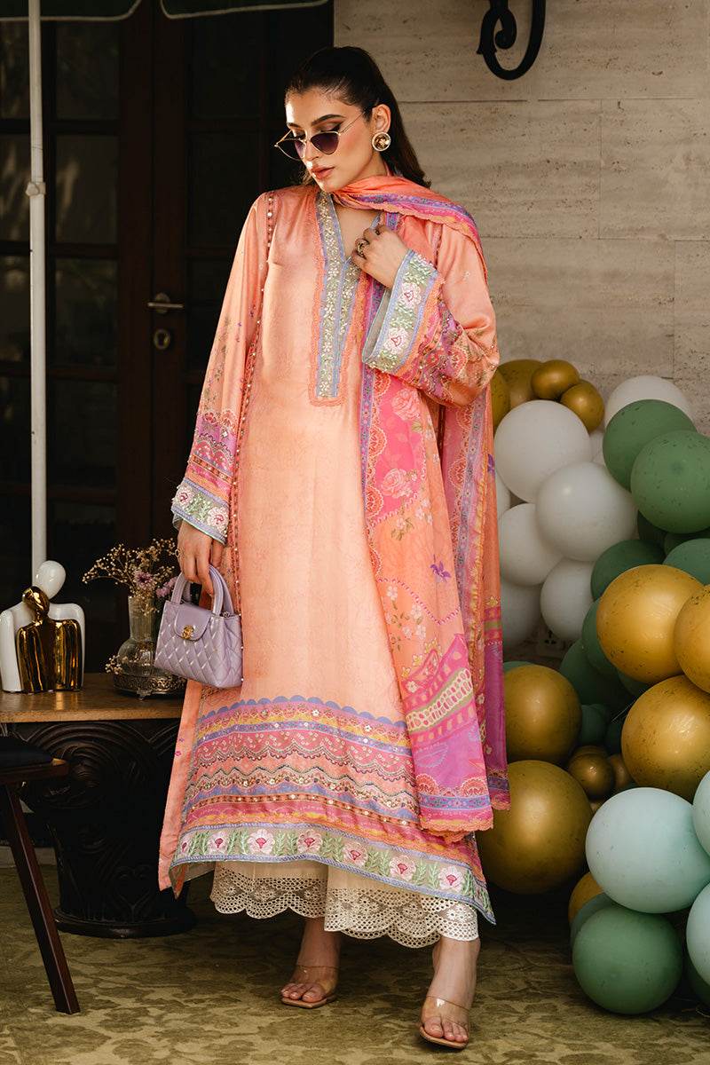 Pakistani Peachy Pink Embroidered Raw Silk Salwar Kameez (3-Piece) - Image 6