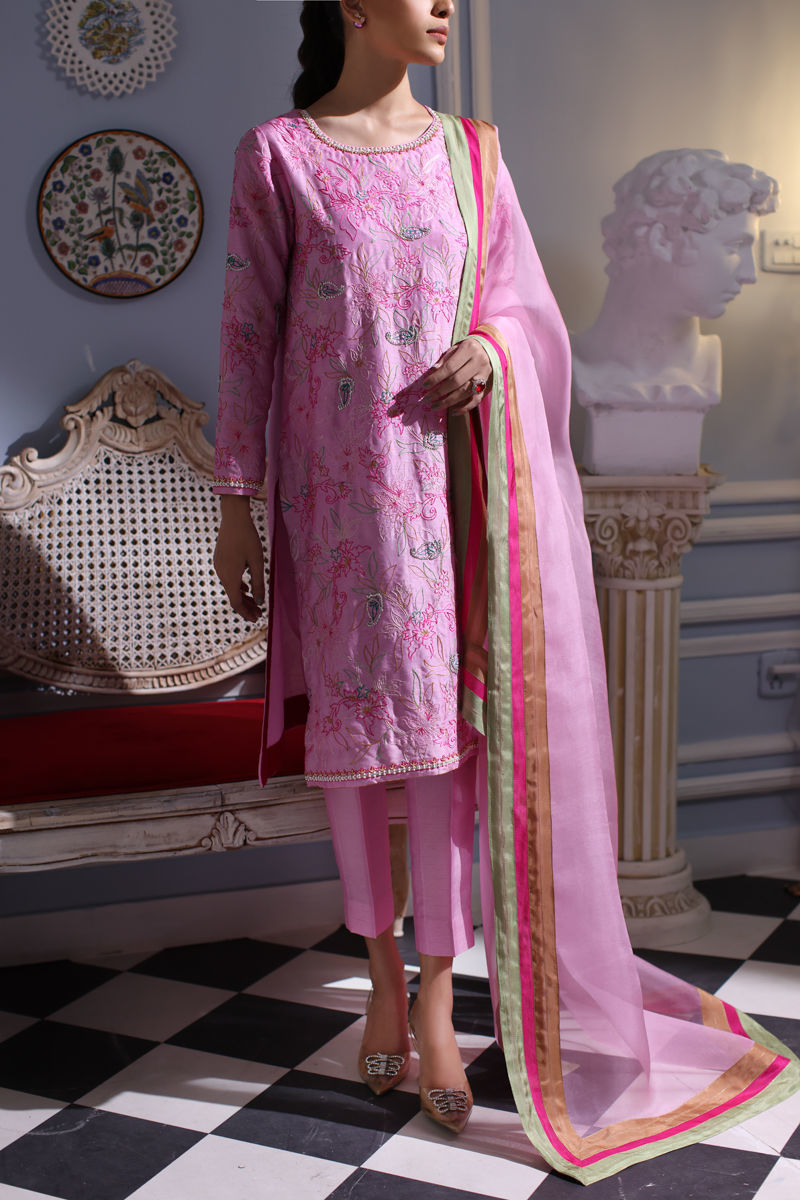 Pakistani Shocking Pink Embroidered Korean Raw Silk Salwar Kameez (3-Piece) - Image 1