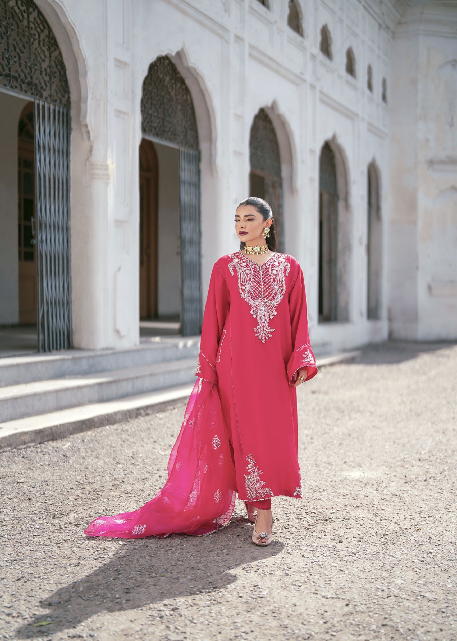 Pakistani Hot Pink Hand Embellished Raw Silk Kurta Set (3-Piece) - Image 1