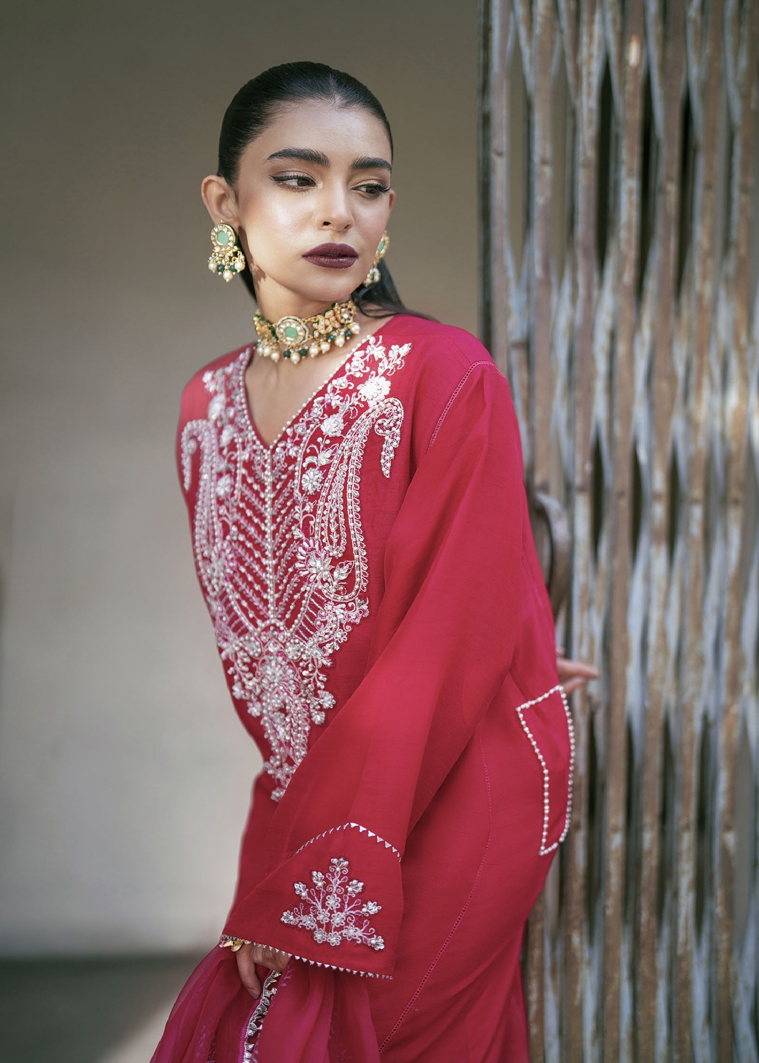 Pakistani Hot Pink Hand Embellished Raw Silk Kurta Set (3-Piece) - Image 2