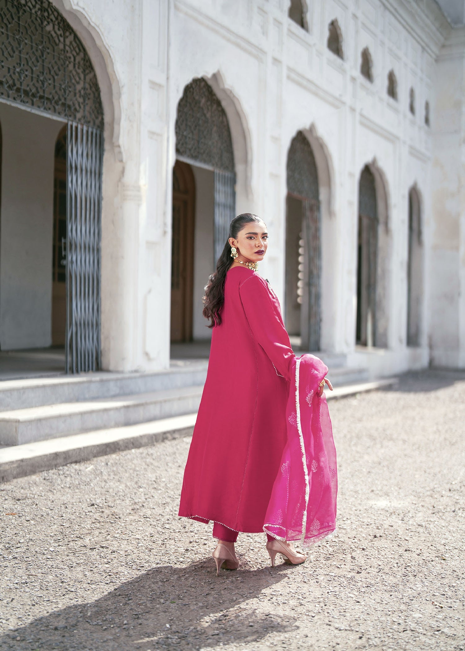Pakistani Hot Pink Hand Embellished Raw Silk Kurta Set (3-Piece) - Image 3